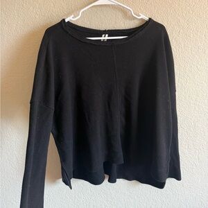 By Anthropologie Oversized Black Long Sleeve Thermal Waffle Knit Top